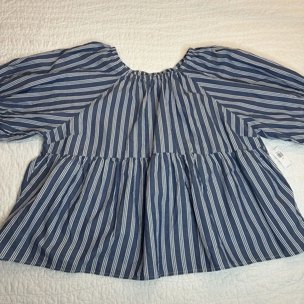 NEW Cotton navy striped puff-sleeve swing top womens 2X relaxed babydoll peasant
